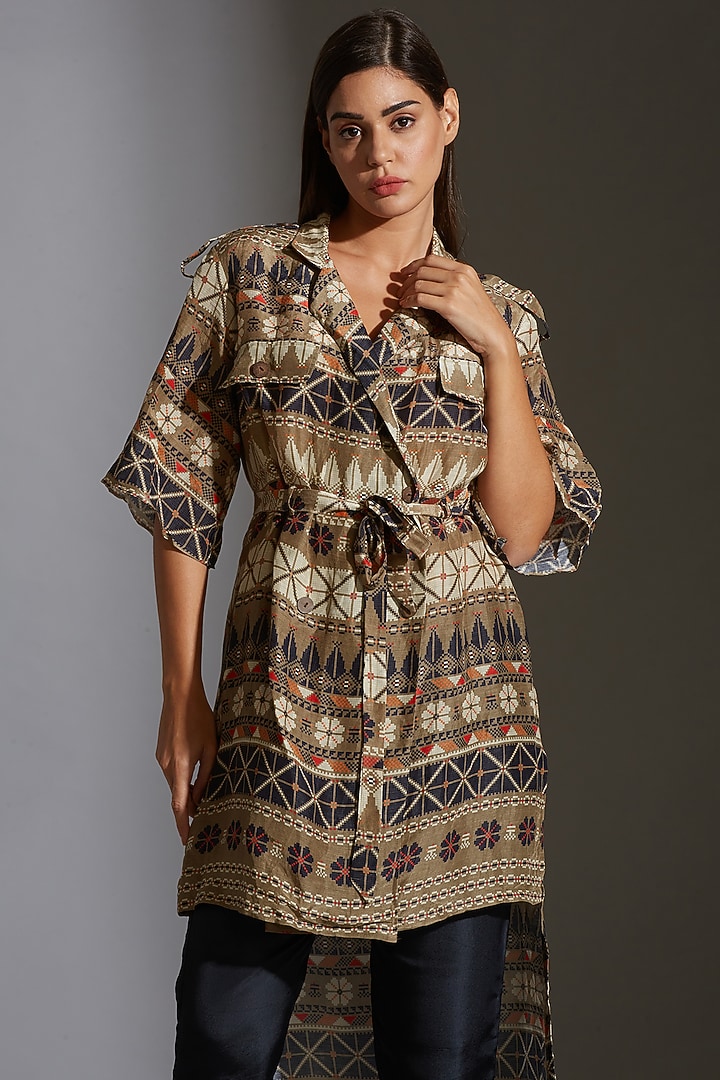 Persian Blue Printed Overlap Jacket Set by Soup by Sougat Paul at Pernia's Pop Up Shop