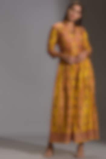 Mustard Printed Front Open Jumpsuit by Soup by Sougat Paul