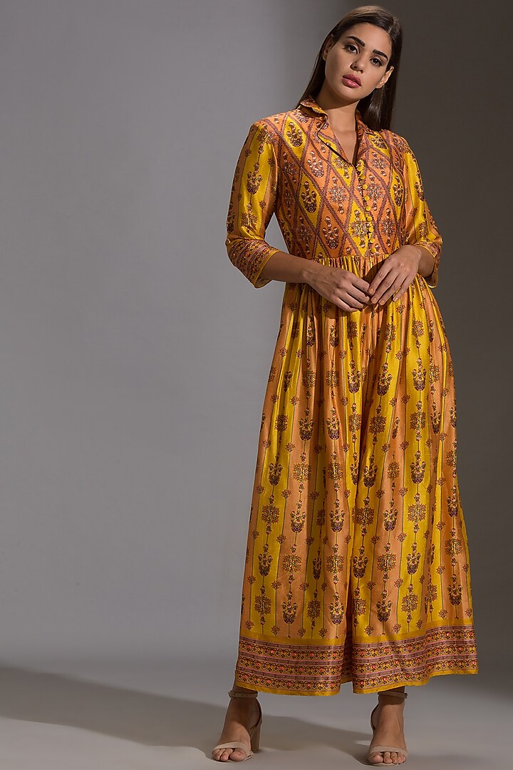 Mustard Printed Front Open Jumpsuit by Soup by Sougat Paul