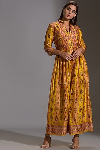 Mustard Printed Front Open Jumpsuit by Soup by Sougat Paul