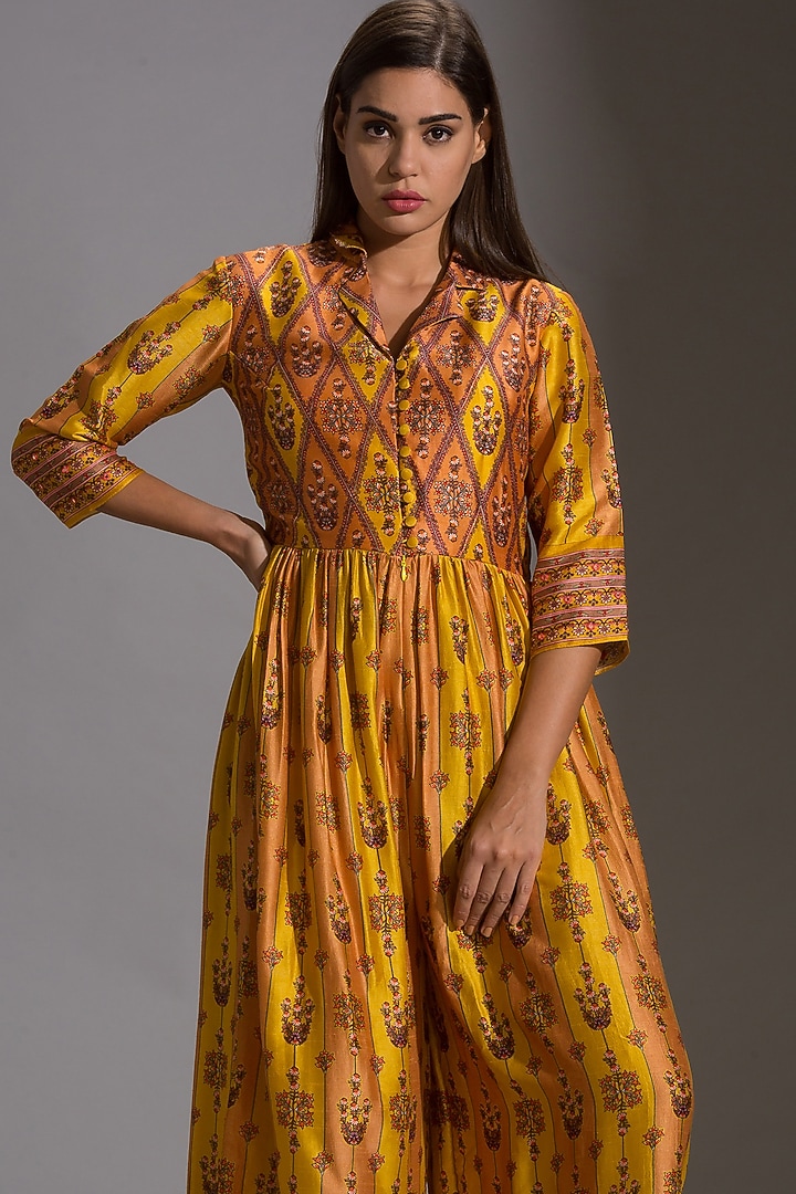 Mustard Printed Front Open Jumpsuit by Soup by Sougat Paul at Pernia's Pop Up Shop