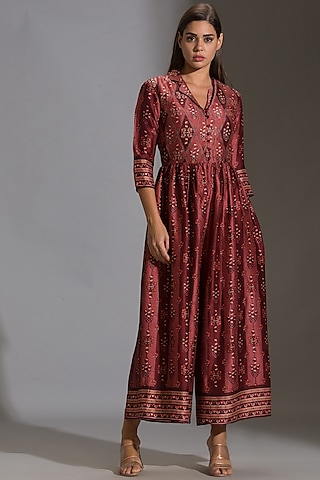 Maroon Printed Front Open Jumpsuit by Soup by Sougat Paul