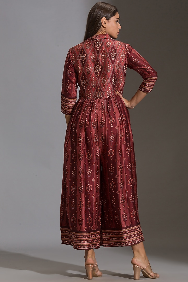Maroon Printed Front Open Jumpsuit by Soup by Sougat Paul at Pernia's Pop Up Shop