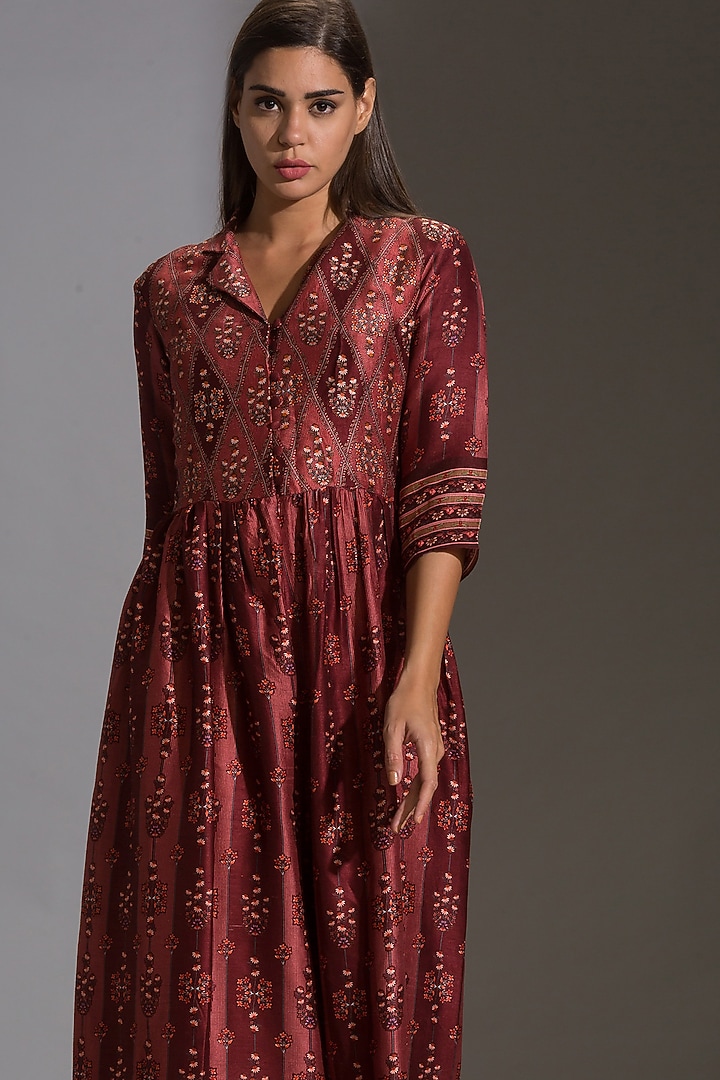 Maroon Printed Front Open Jumpsuit by Soup by Sougat Paul at Pernia's Pop Up Shop