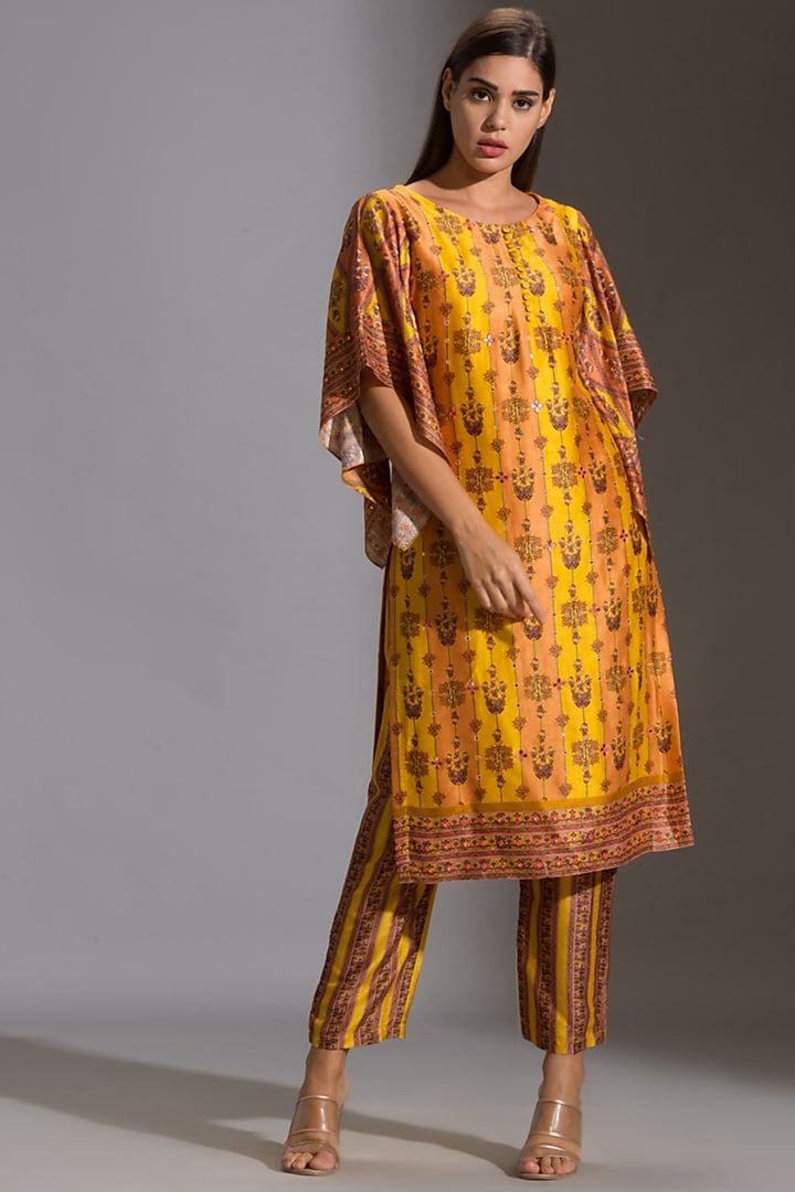 Mustard Printed & Embroidered Kurta Set by Soup by Sougat Paul