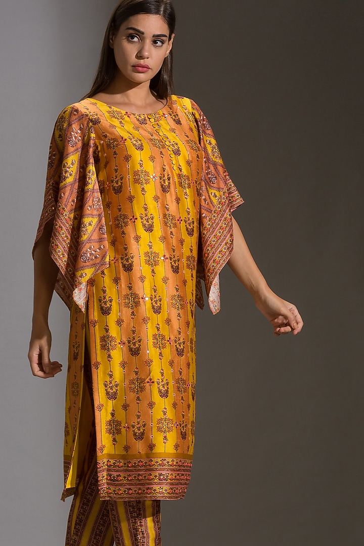 Mustard Printed & Embroidered Kurta Set by Soup by Sougat Paul at Pernia's Pop Up Shop