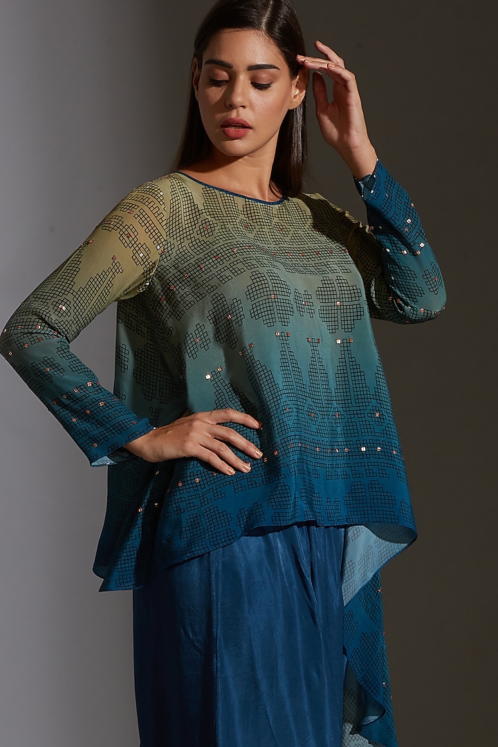 Green & Blue Printed Dhoti Set by Soup by Sougat Paul at Pernia's Pop Up Shop