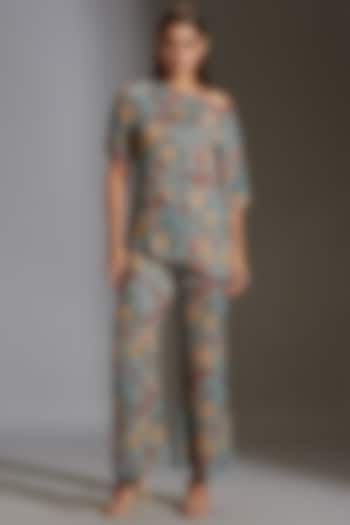 Turquoise Green Printed Pant Set by Soup by Sougat Paul