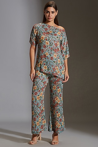 Turquoise Green Printed Pant Set by Soup by Sougat Paul