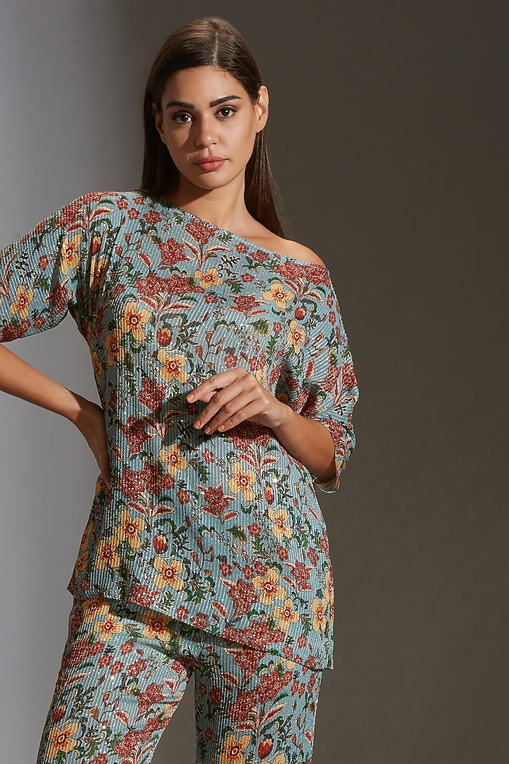 Turquoise Green Printed Pant Set by Soup by Sougat Paul at Pernia's Pop Up Shop