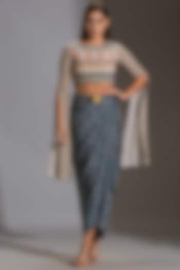 Blue Printed Draped Skirt by Soup by Sougat Paul