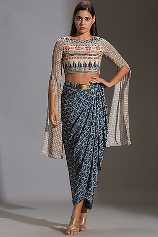 Blue Printed Draped Skirt by Soup by Sougat Paul