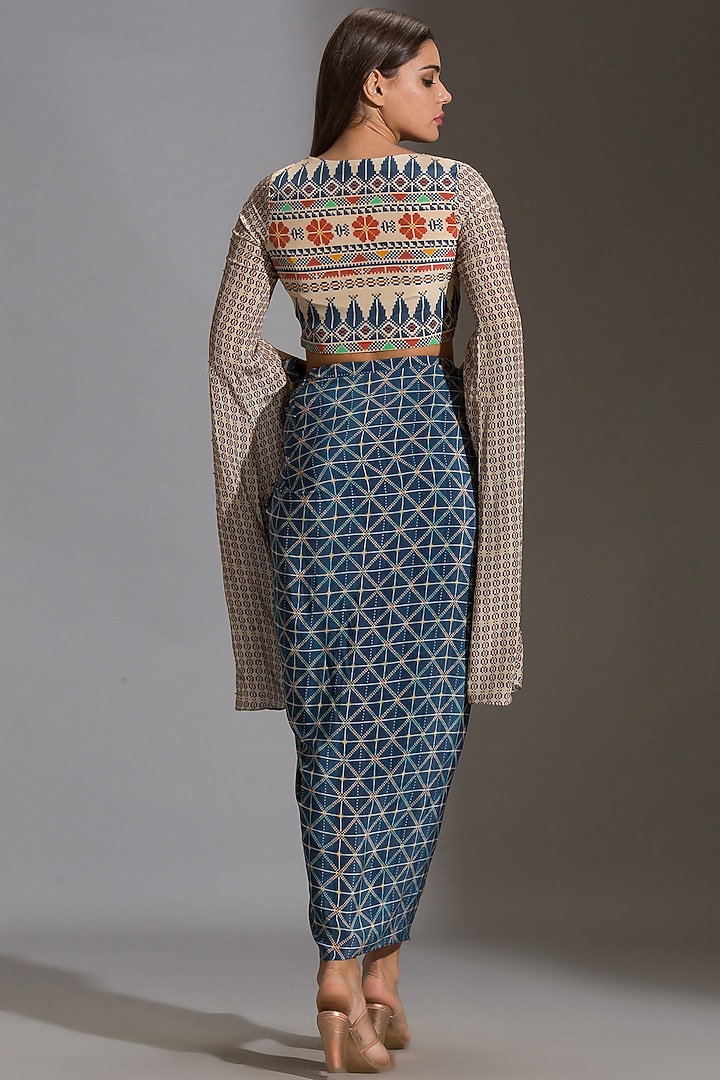 Blue Printed Draped Skirt by Soup by Sougat Paul at Pernia's Pop Up Shop