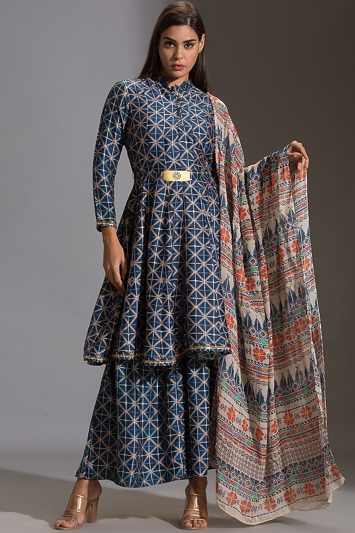 Blue Printed Paneled Party Wear Anarkali Set by Soup by Sougat Paul at Pernia's Pop Up Shop