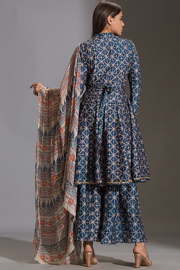 Blue Printed Paneled Party Wear Anarkali Set by Soup by Sougat Paul at Pernia's Pop Up Shop