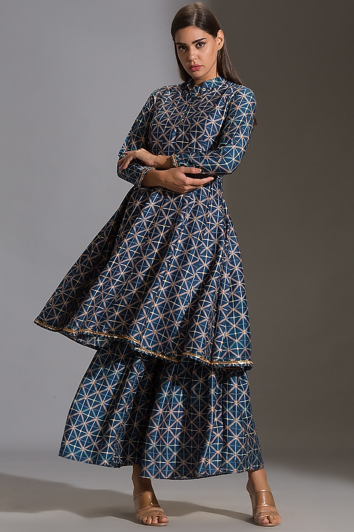 Blue Printed Paneled Party Wear Anarkali Set by Soup by Sougat Paul at Pernia's Pop Up Shop