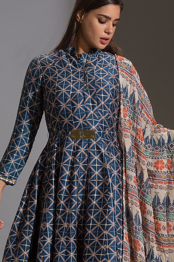Blue Printed Paneled Party Wear Anarkali Set by Soup by Sougat Paul at Pernia's Pop Up Shop