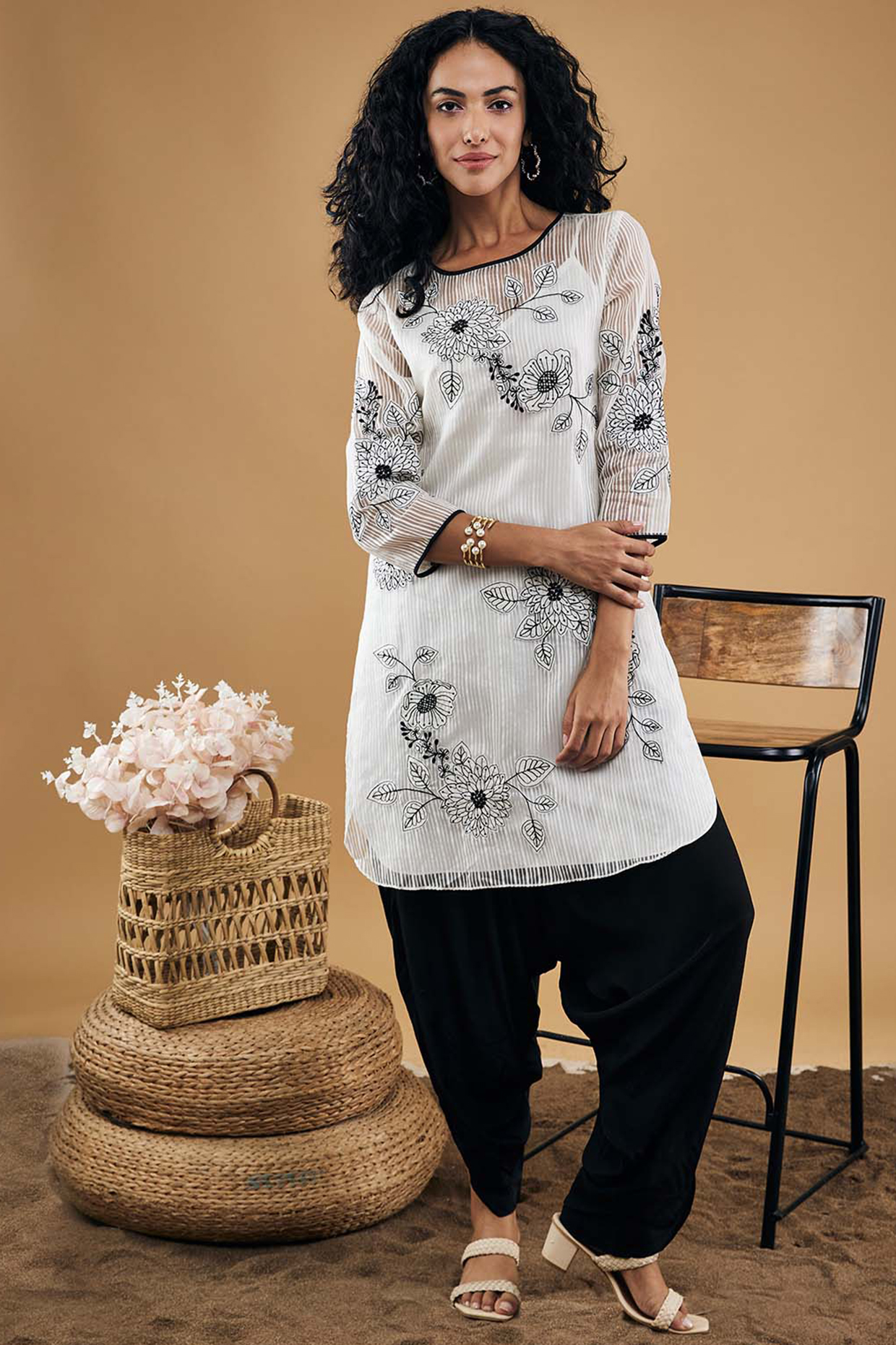 White Stripe Organza Patchwork Kurta Set by Soup by Sougat Paul at Pernia's Pop Up Shop