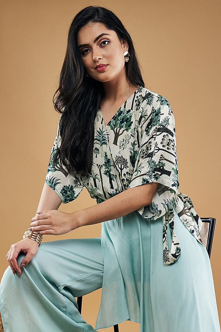 Blue Crepe & Rayon Draped Pant Set by Soup by Sougat Paul at Pernia's Pop Up Shop