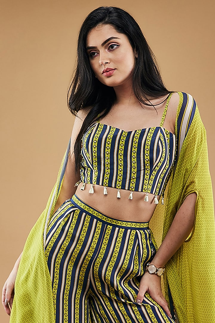 Green Chiffon & Crepe Cape Set by Soup by Sougat Paul at Pernia's Pop Up Shop