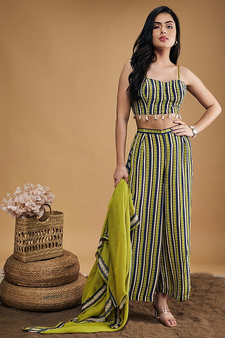 Green Chiffon & Crepe Cape Set by Soup by Sougat Paul at Pernia's Pop Up Shop