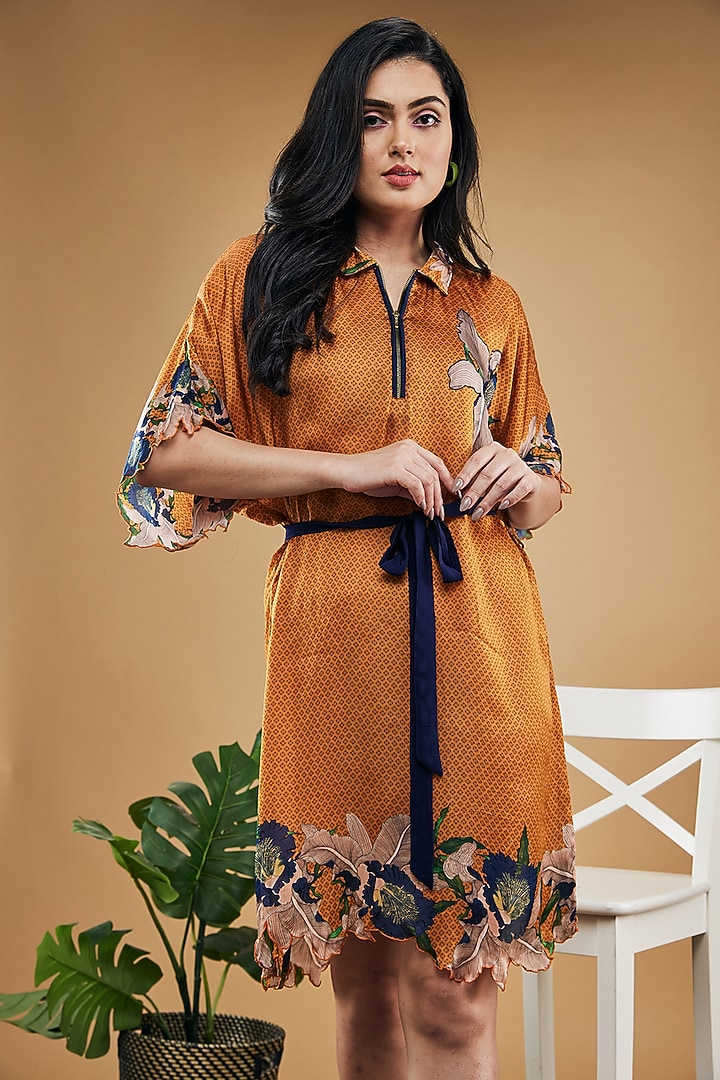 Orange Cotton Silk Printed Kimono Summer Dress by Soup by Sougat Paul at Pernia's Pop Up Shop