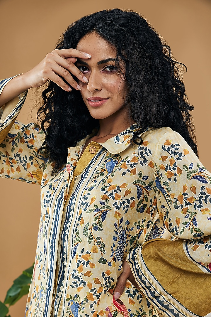 Yellow Cotton Silk Embellished Palazzo Pant Set by Soup by Sougat Paul at Pernia's Pop Up Shop