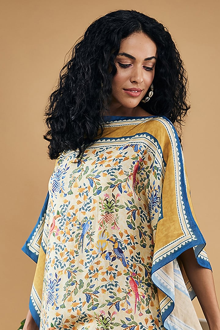 Yellow Cotton Silk Printed Kaftan Dress by Soup by Sougat Paul at Pernia's Pop Up Shop