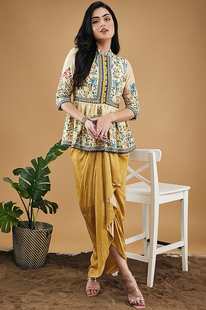 Yellow Cotton Silk Draped Skirt Set by Soup by Sougat Paul