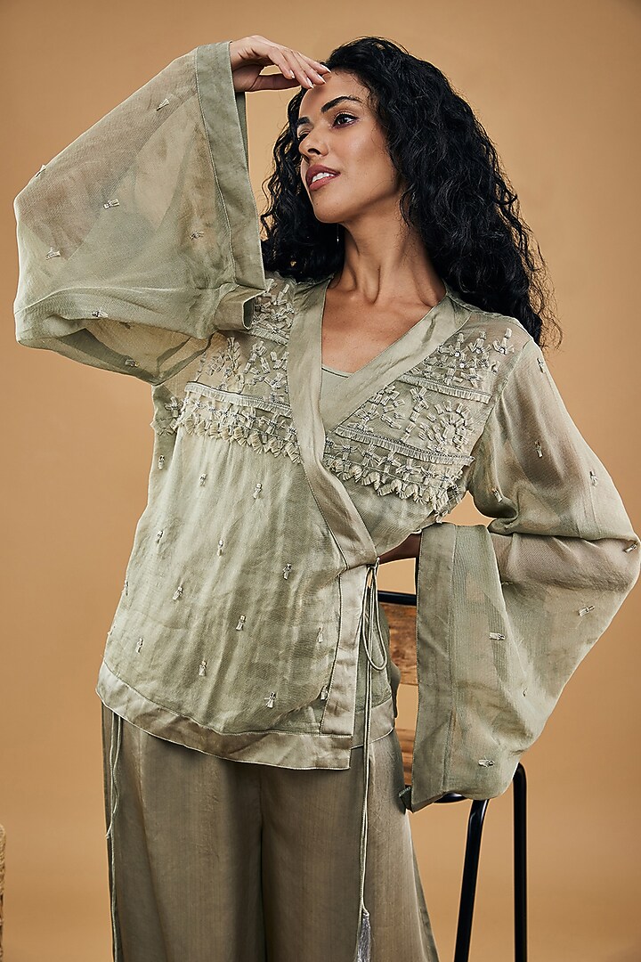 Grey Satin Embellished Co-Ord Set by Soup by Sougat Paul at Pernia's Pop Up Shop