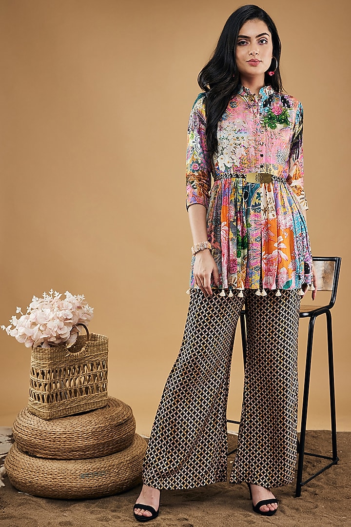 Multi-Colored Malaysian Silk Printed & Embroidered Kurta Set by Soup by Sougat Paul