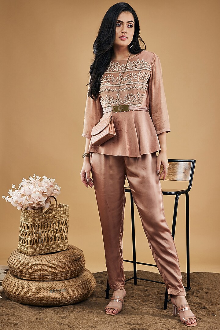 Mauve Satin & Organza Net Embellished Co-Ord Set by Soup by Sougat Paul at Pernia's Pop Up Shop