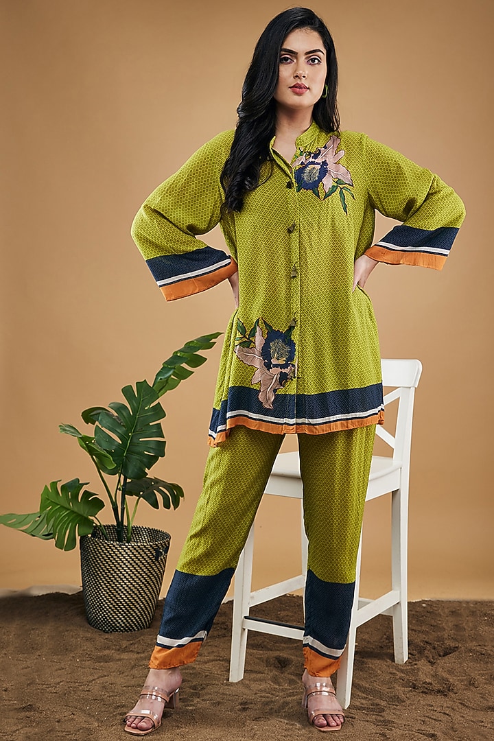 Green Cotton Silk Printed Co-Ord Set by Soup by Sougat Paul at Pernia's Pop Up Shop