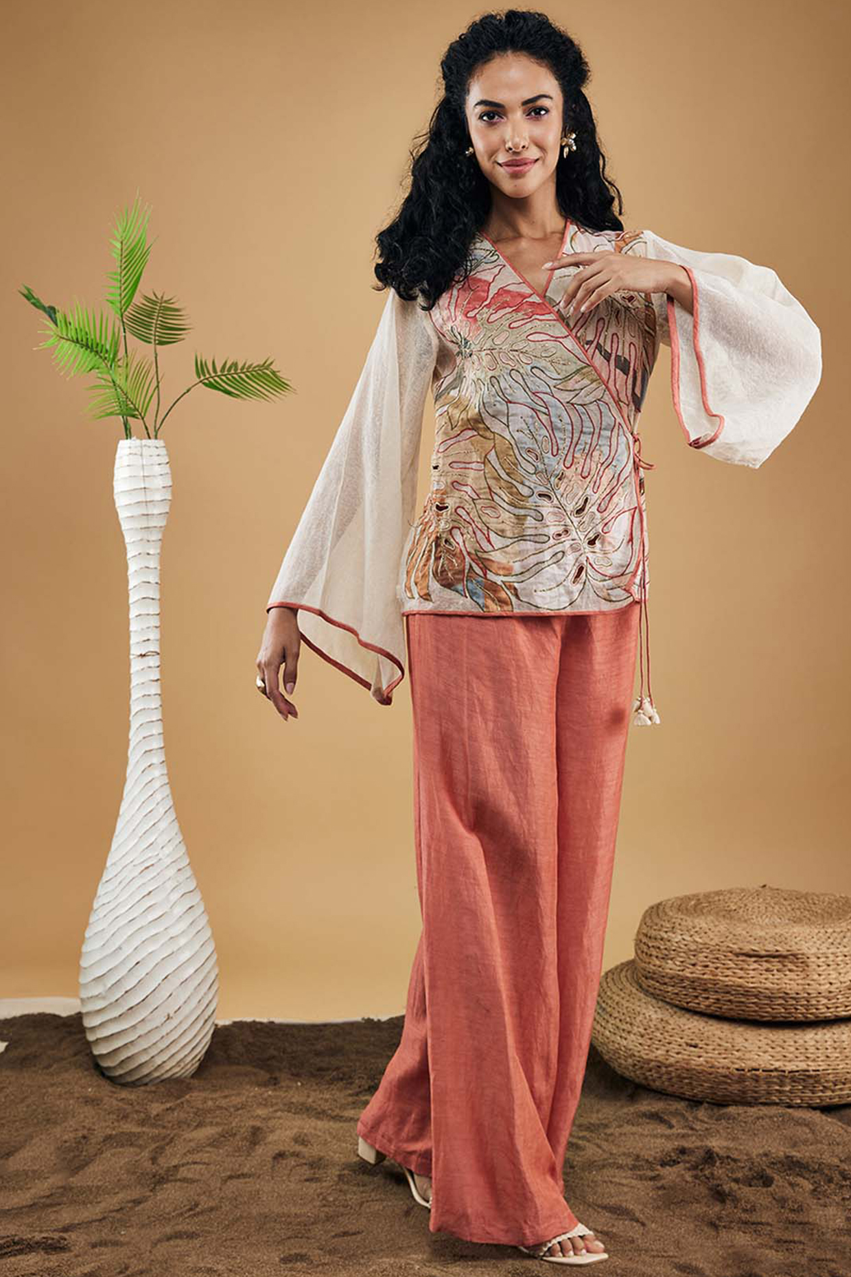 Peach Handloom Net & Linen Pant Set by Soup by Sougat Paul at Pernia's Pop Up Shop