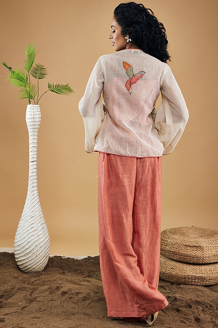 Peach Handloom Net & Linen Pant Set by Soup by Sougat Paul at Pernia's Pop Up Shop
