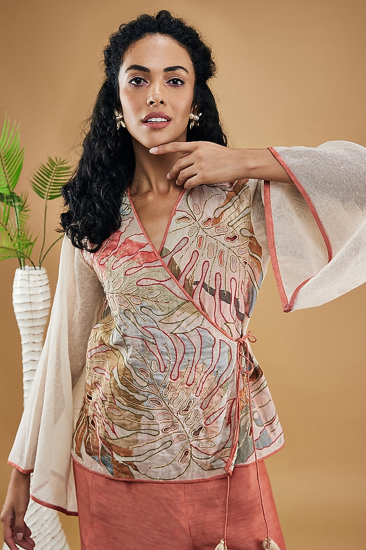 Peach Handloom Net & Linen Pant Set by Soup by Sougat Paul at Pernia's Pop Up Shop
