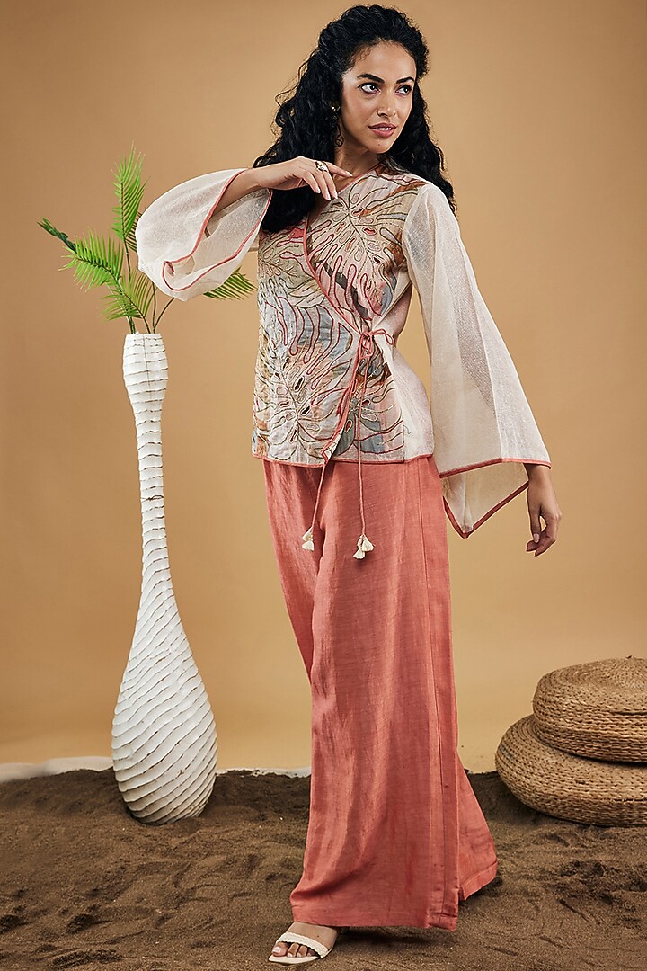 Peach Handloom Net & Linen Pant Set by Soup by Sougat Paul at Pernia's Pop Up Shop