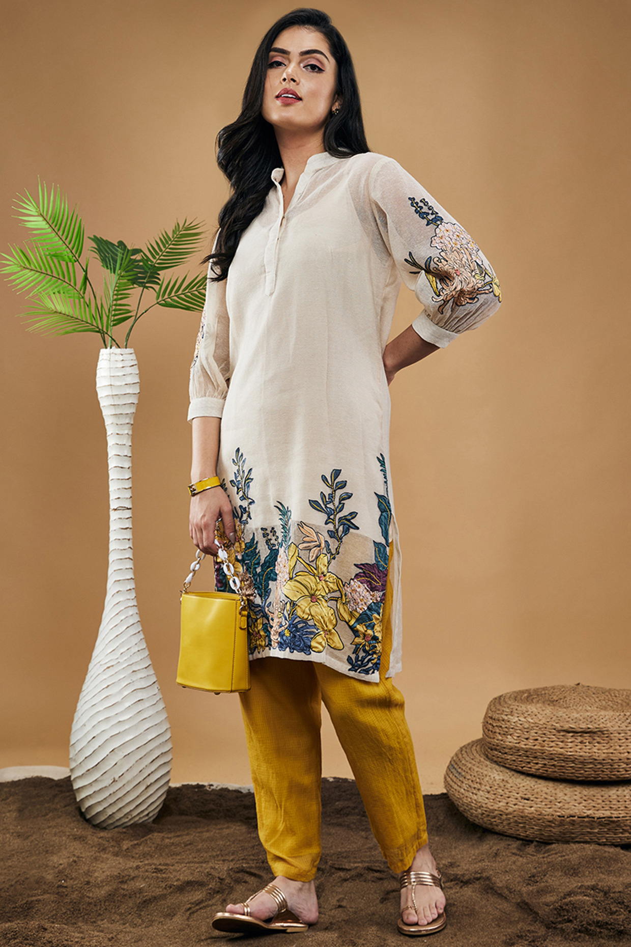 Off-White Handloom Net & Kota Cotton Kurta Set by Soup by Sougat Paul at Pernia's Pop Up Shop