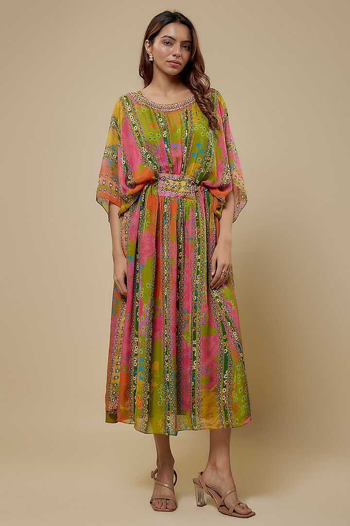 Multi-Colored Flat Chiffon Embellished Kimono Dress by Soup by Sougat Paul at Pernia's Pop Up Shop