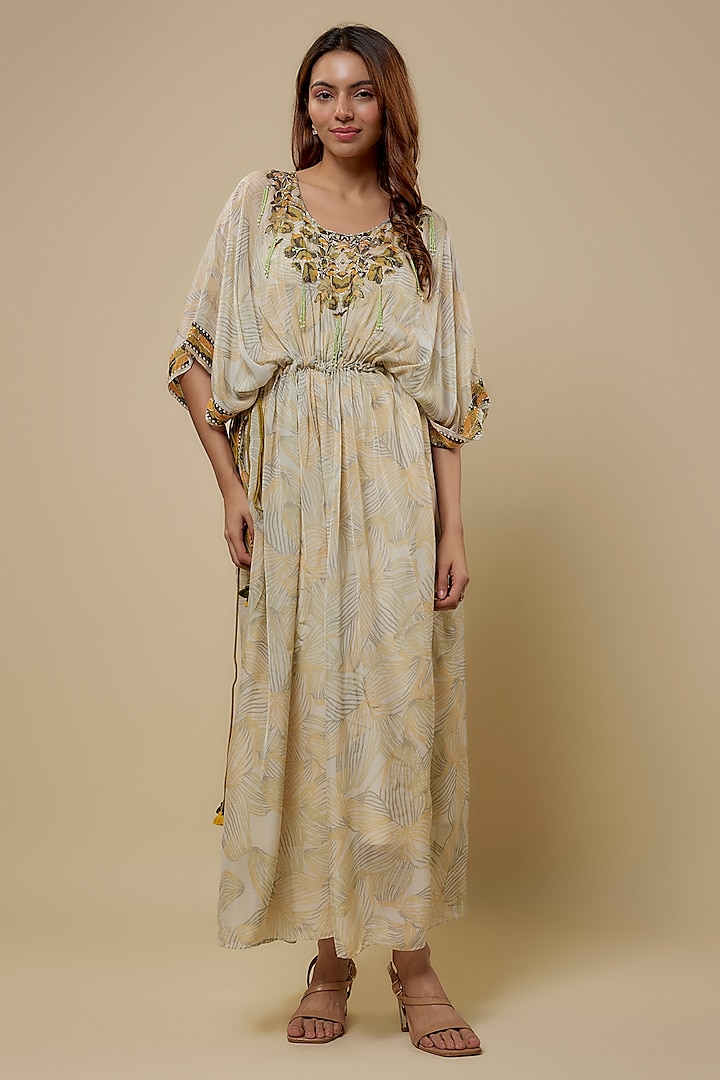 Ivory Flat Chiffon Printed Kaftan by Soup by Sougat Paul at Pernia's Pop Up Shop