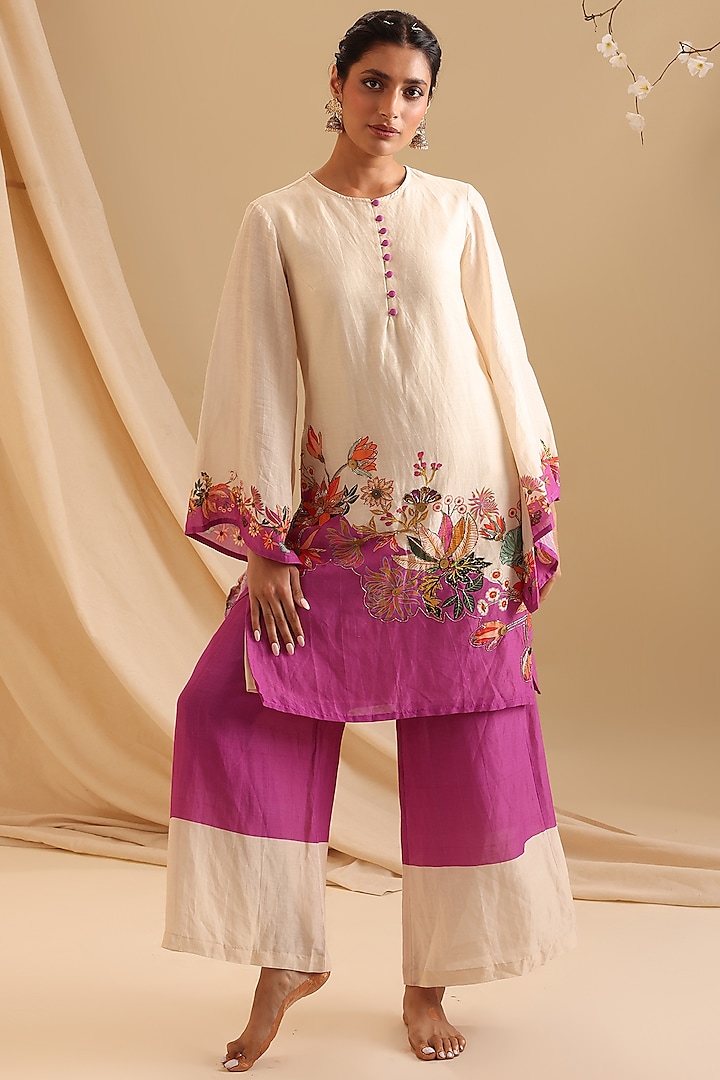 Cream Malaysian Silk Embellished & Color Blocked Kurta Set by Soup by Sougat Paul