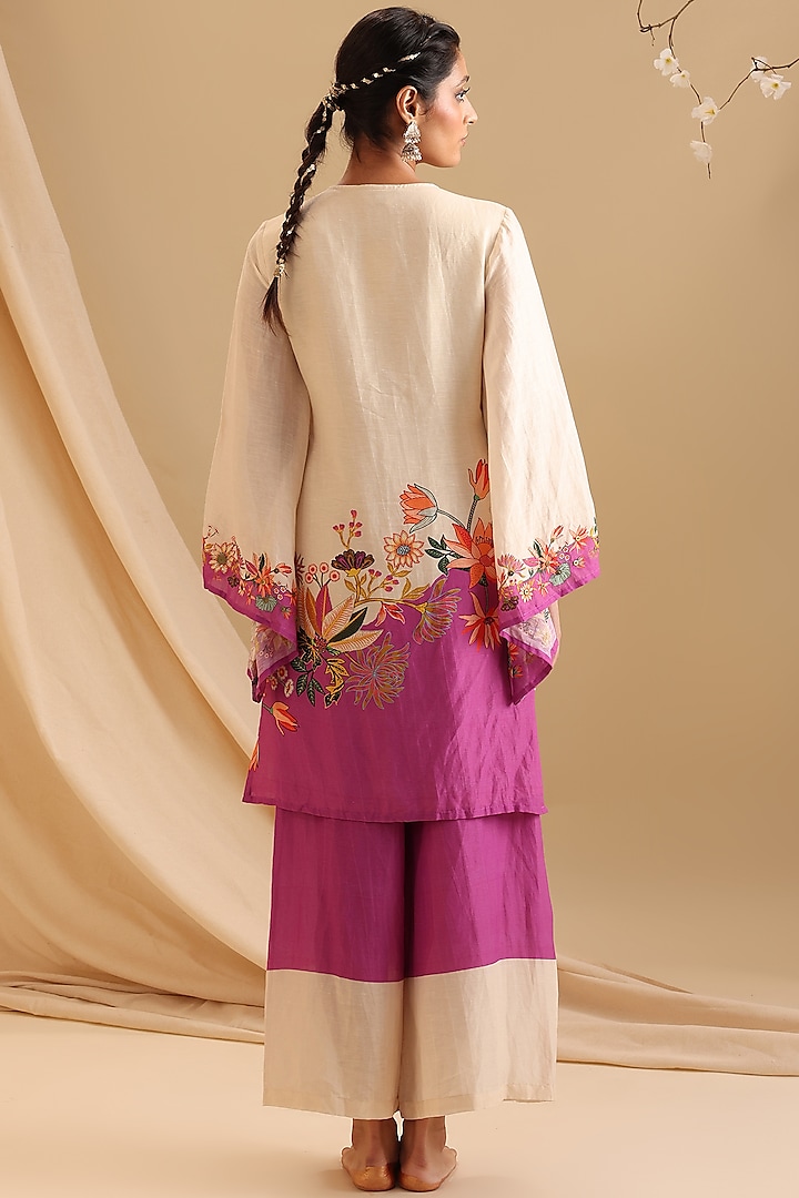 Cream Malaysian Silk Embellished & Color Blocked Kurta Set by Soup by Sougat Paul at Pernia's Pop Up Shop