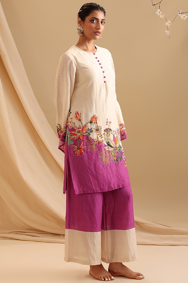 Cream Malaysian Silk Embellished & Color Blocked Kurta Set by Soup by Sougat Paul at Pernia's Pop Up Shop