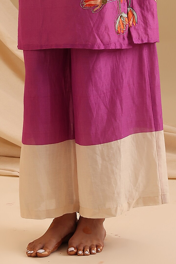 Cream Malaysian Silk Embellished & Color Blocked Kurta Set by Soup by Sougat Paul at Pernia's Pop Up Shop