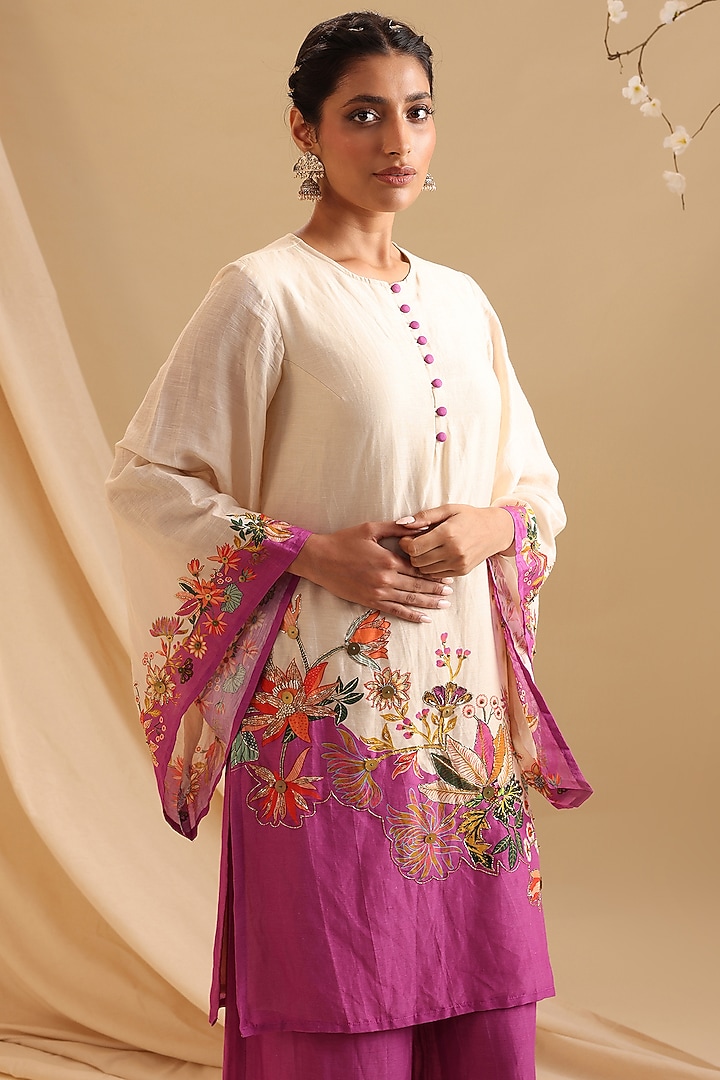 Cream Malaysian Silk Embellished & Color Blocked Kurta Set by Soup by Sougat Paul at Pernia's Pop Up Shop