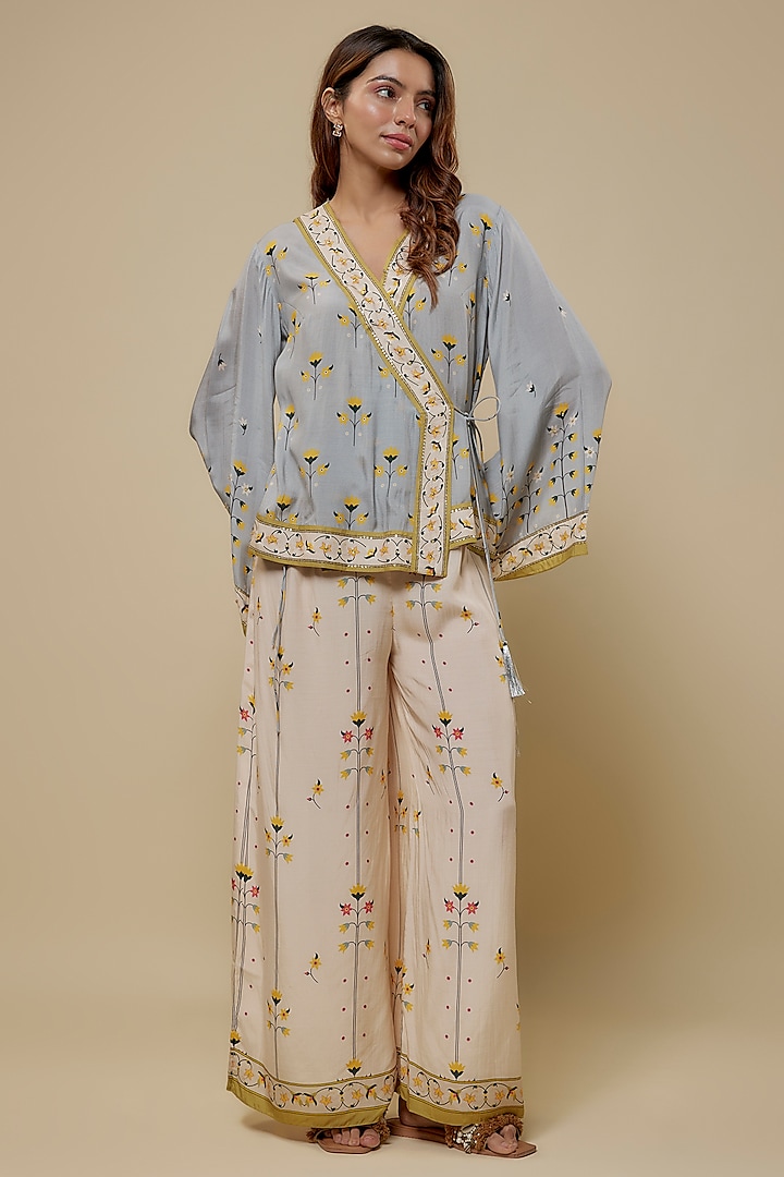 Light Blue & Beige Cotton Silk Printed Co-Ord Set by Soup by Sougat Paul at Pernia's Pop Up Shop