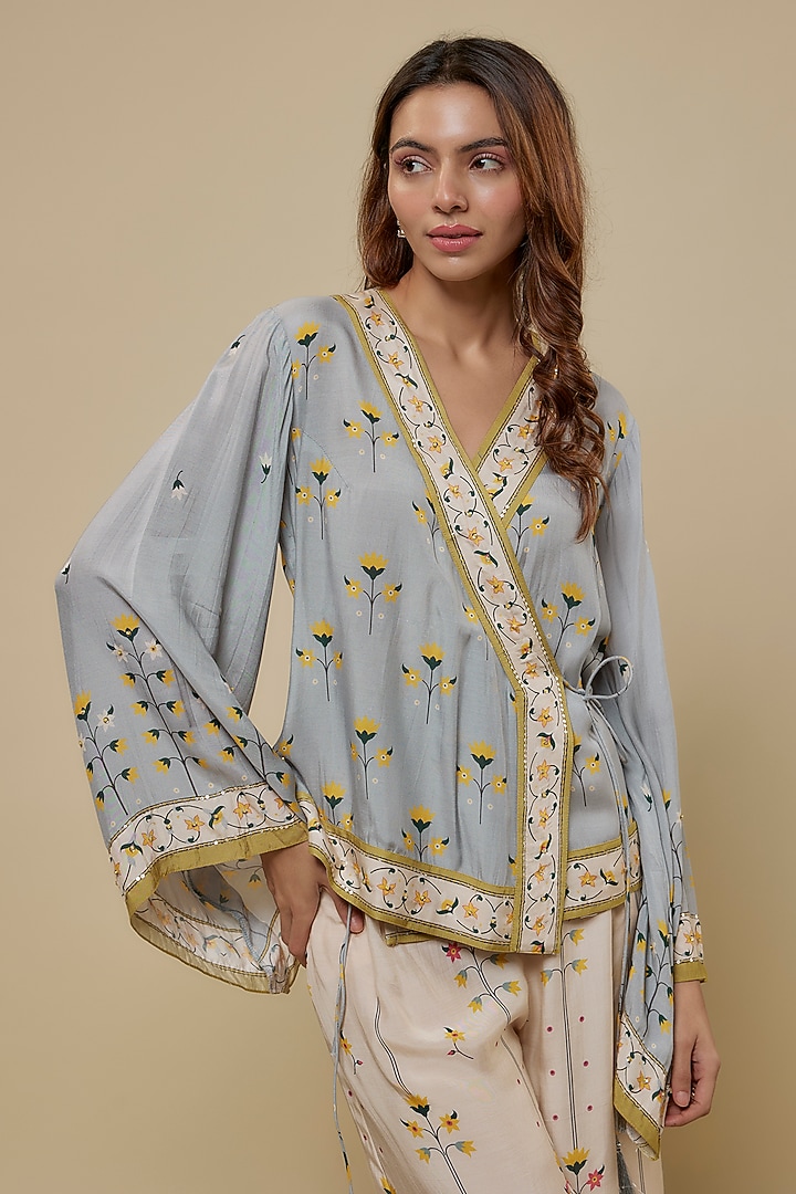 Light Blue & Beige Cotton Silk Printed Co-Ord Set by Soup by Sougat Paul at Pernia's Pop Up Shop