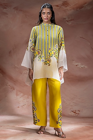 Yellow Cotton Linen Printed Kurta Set by Soup by Sougat Paul
