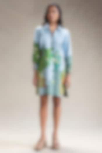 Blue Twill Cotton Printed Mini Summer Dress by Soup by Sougat Paul at Pernia's Pop Up Shop