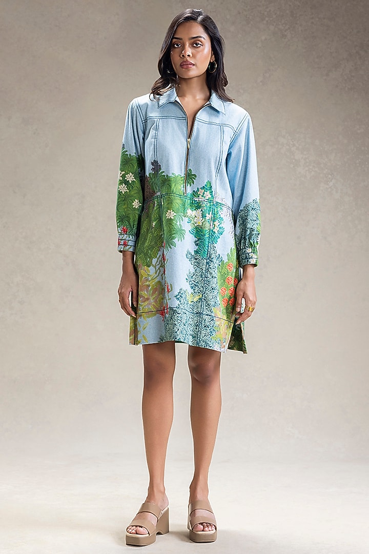 Blue Twill Cotton Printed Mini Summer Dress by Soup by Sougat Paul at Pernia's Pop Up Shop